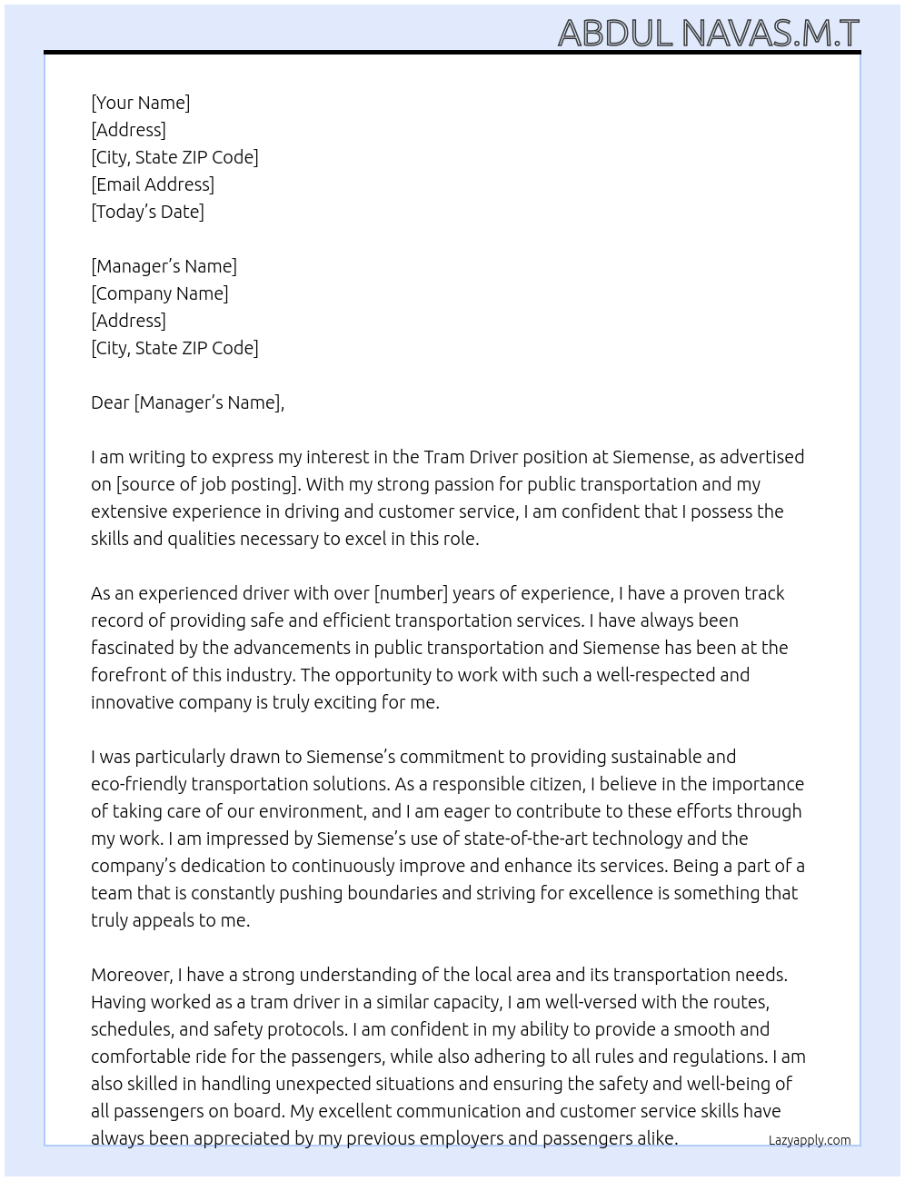 Tram driver At Siemense Cover Letter