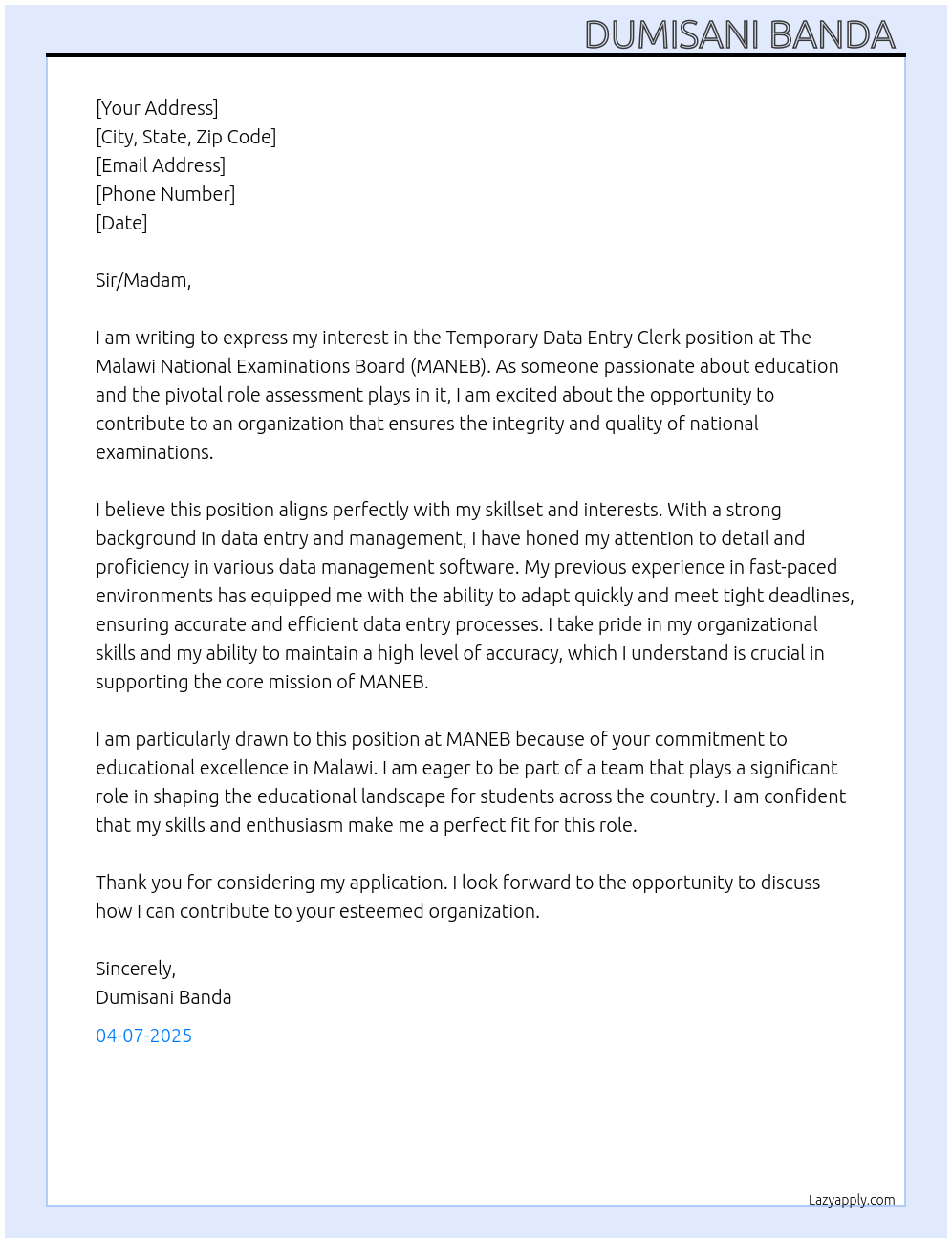 TEMPORARY DATA ENTRY CLERKS At THE MALAWI NATIONAL EXAMINATIONS BOARD (MANEB) Cover Letter