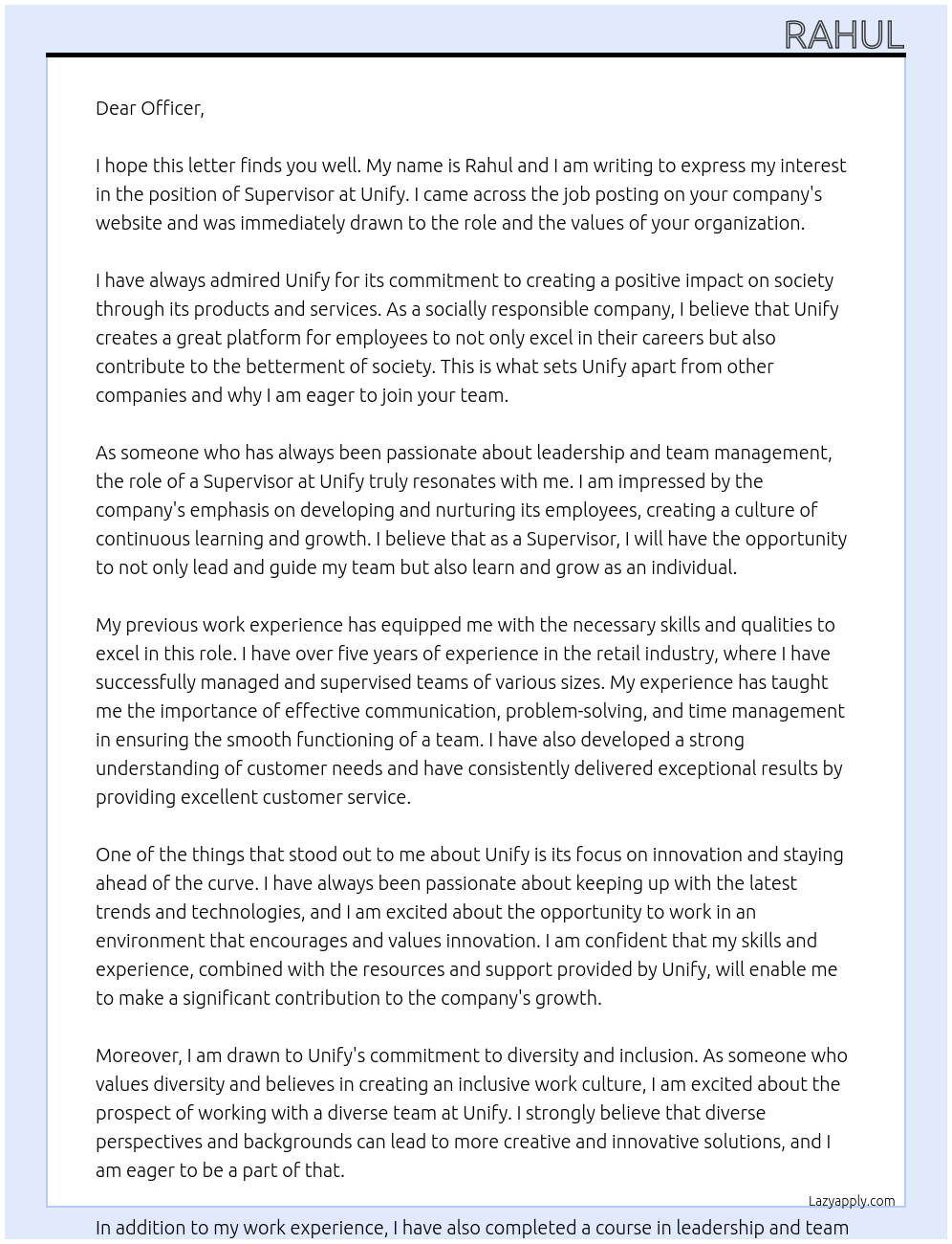 superviser At unify Cover Letter