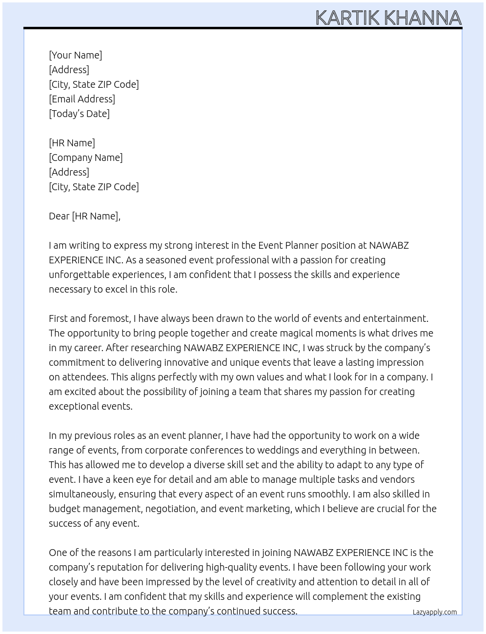 Event planner At NAWABZ EXPERIENCE INC Cover Letter