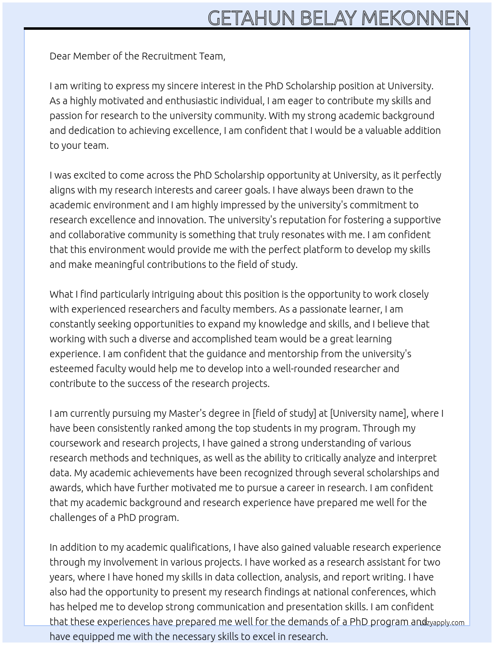 PhD Scholarship At University Cover Letter