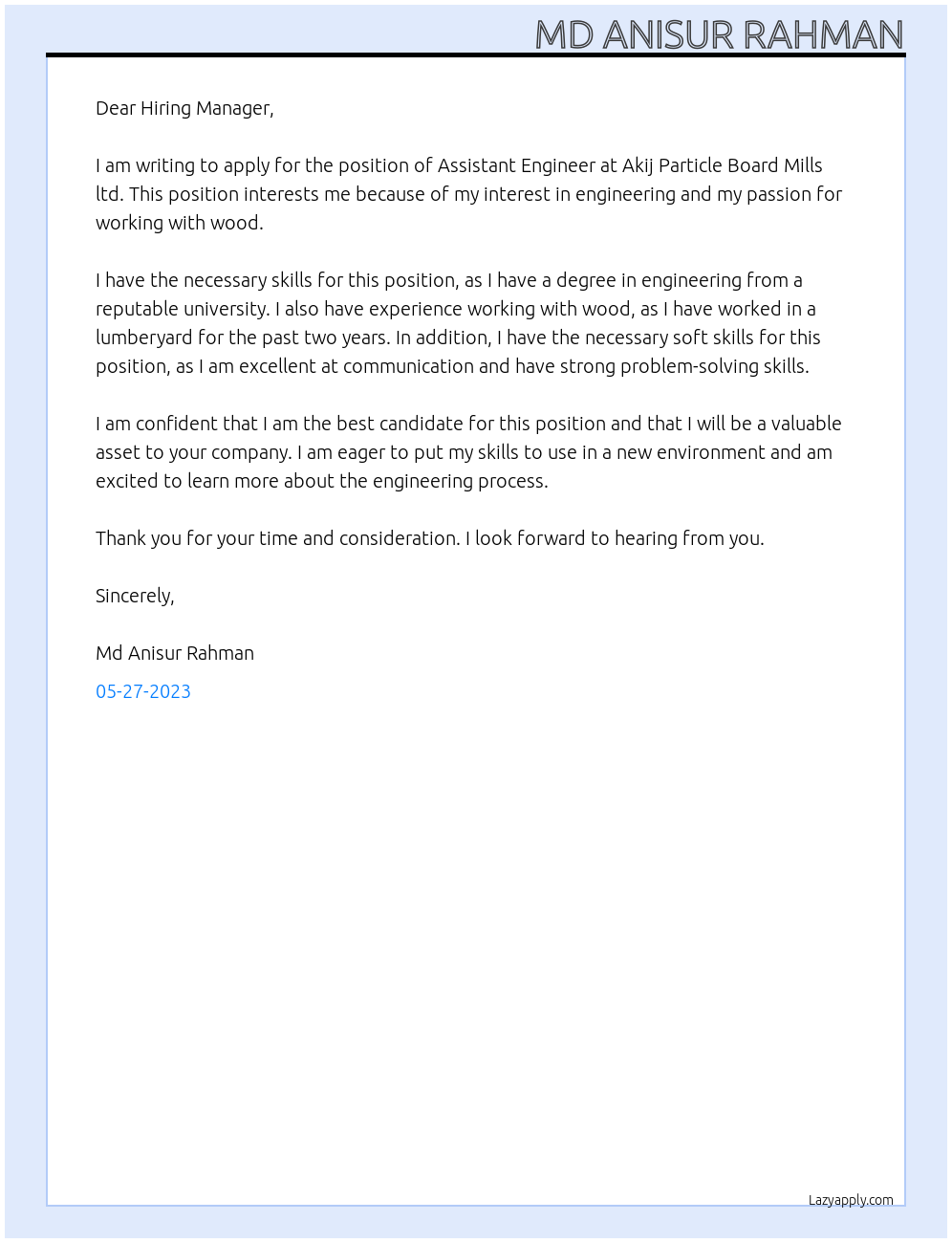 Assistant Engineer At Akij Particle Board Mills ltd Cover Letter