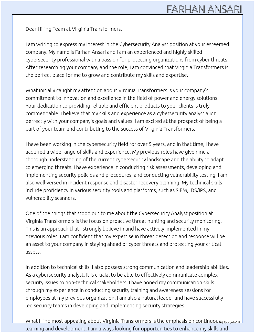 Cybersecurity Analyst At Virginia Transformers Cover Letter