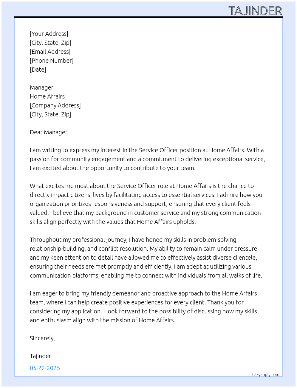 Service officer At Home affairs Cover Letter