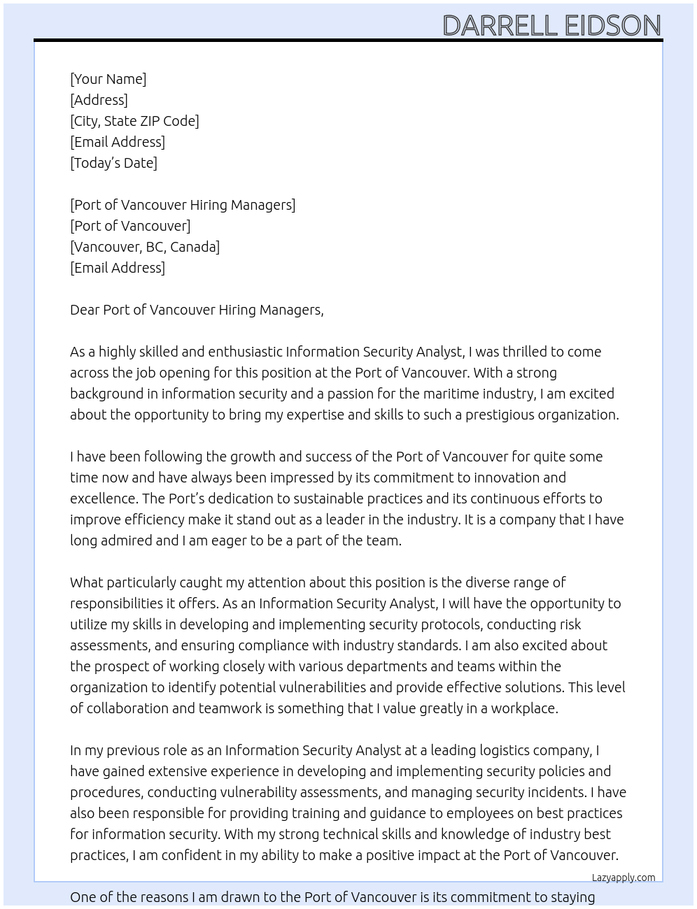 Information Security Analyst At Port of Vancouver Cover Letter