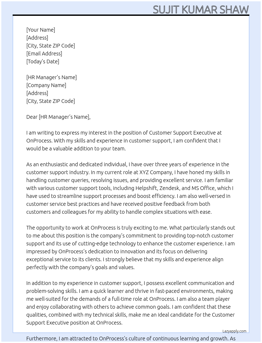 Customer support executive At OnProcess Cover Letter