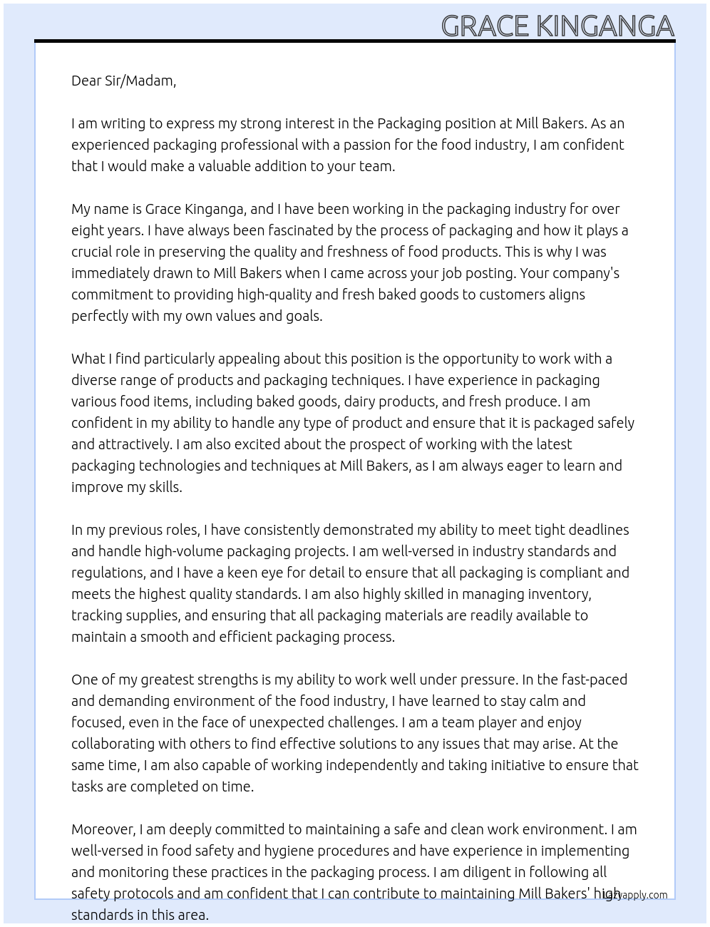 Packaging  At Mill Bakers Cover Letter