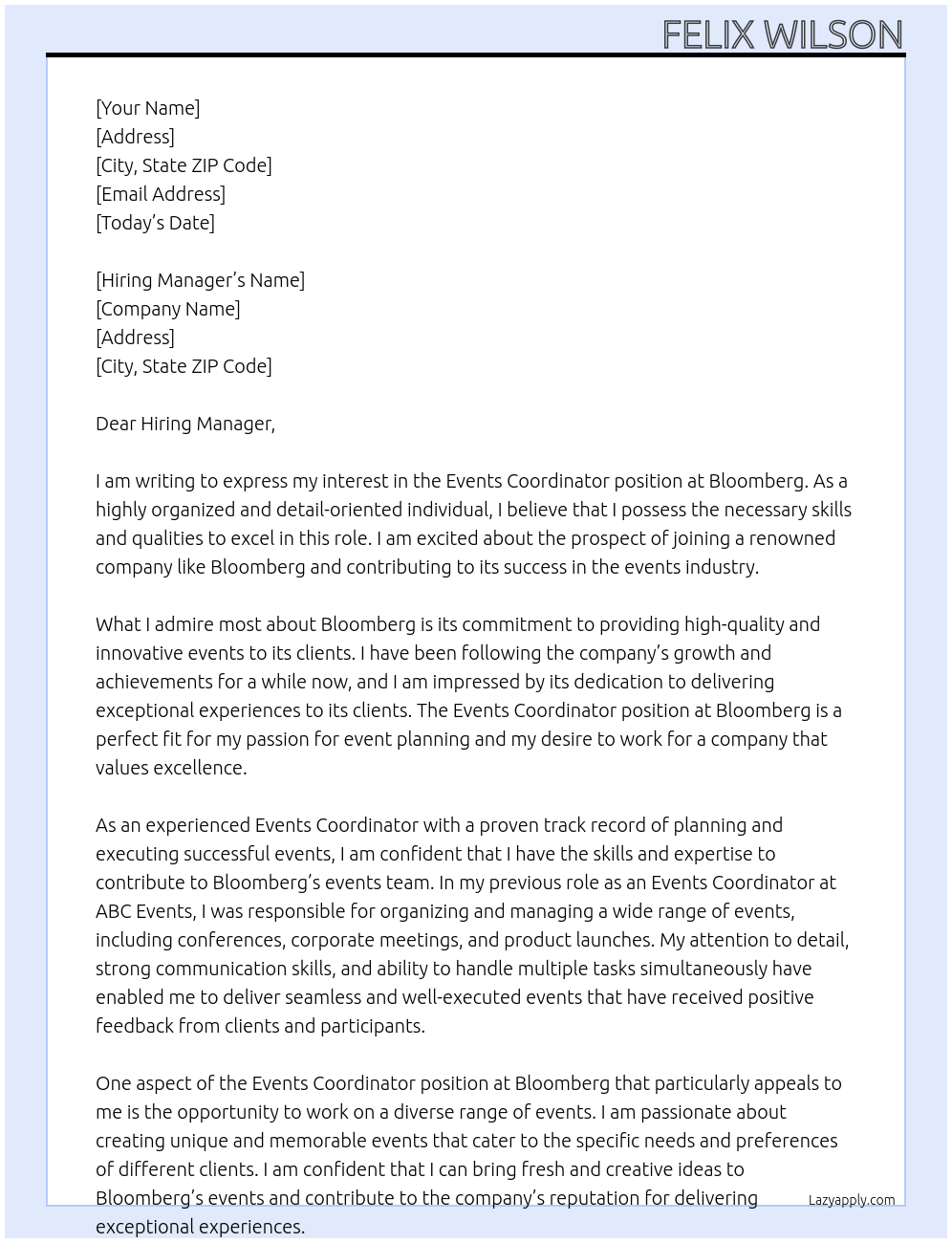 Events Coordinator At Bloomberg Cover Letter