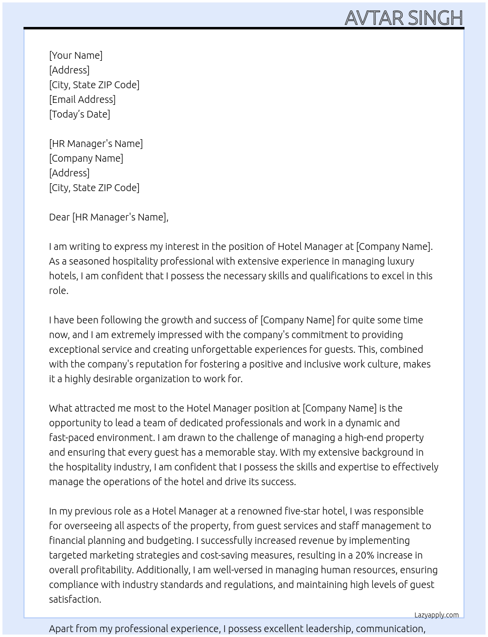 HOTEL MANAGER At ANY Cover Letter