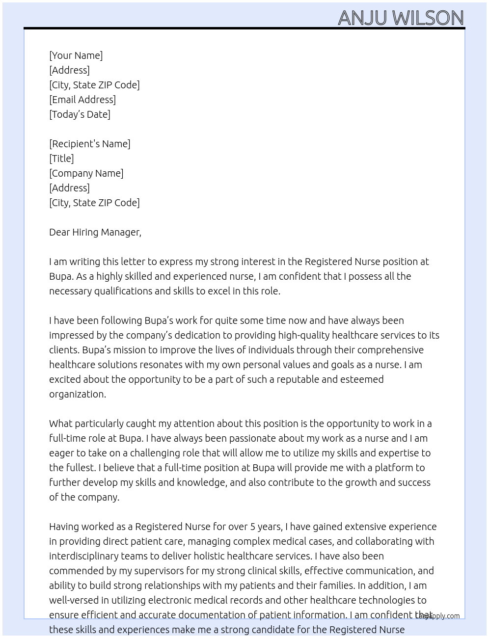 Registered Nurse At Bupa Cover Letter