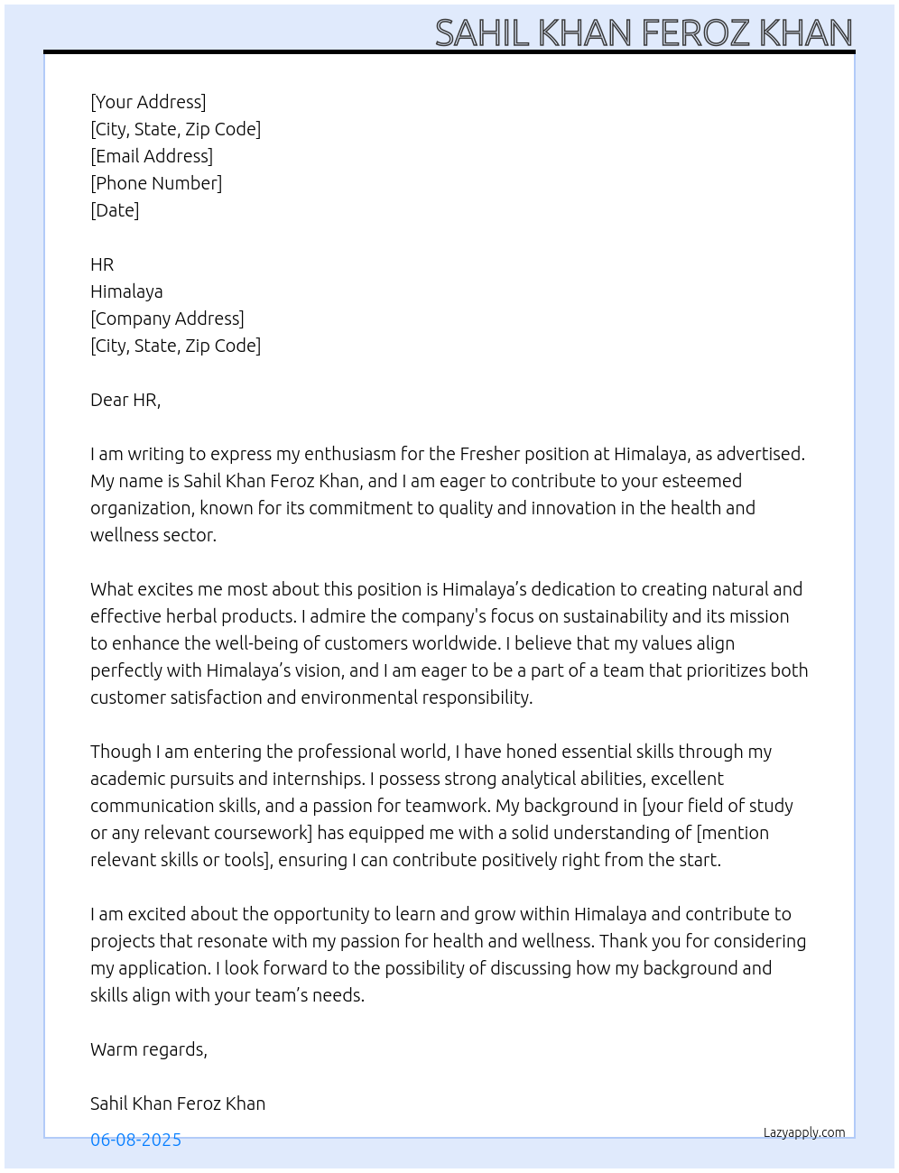 Fresher At Himalaya Cover Letter