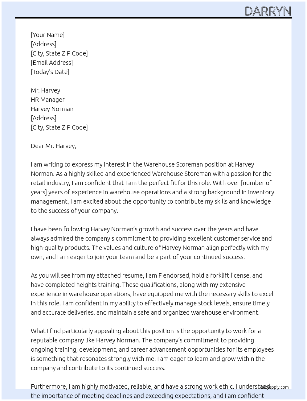 Warehouse storeman At Harvey Norman Cover Letter