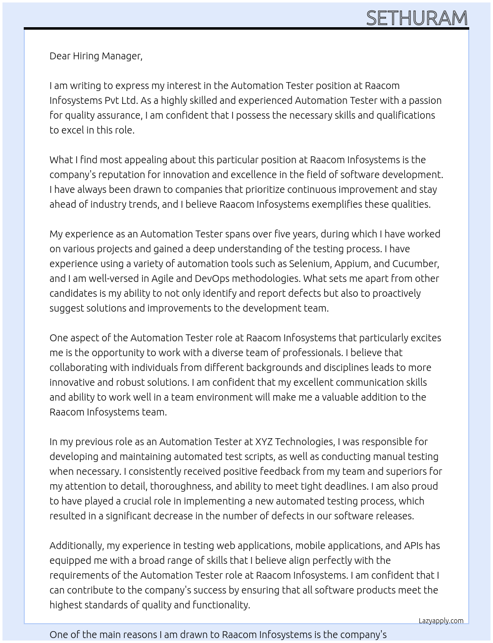 Automation Tester At Raacom Infosystems Pvt Ltd Cover Letter