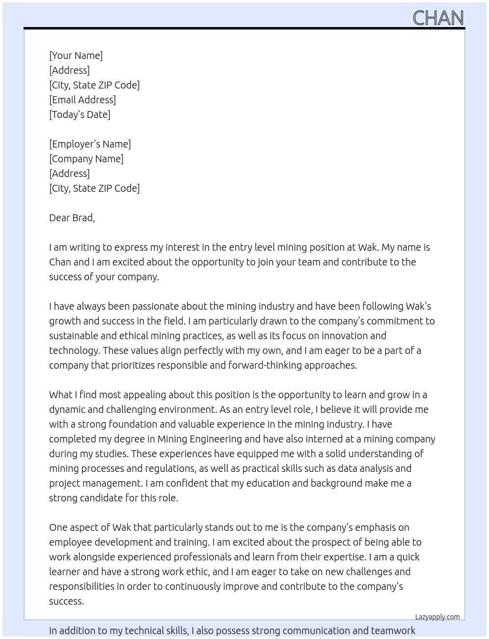 mining At wak Cover Letter