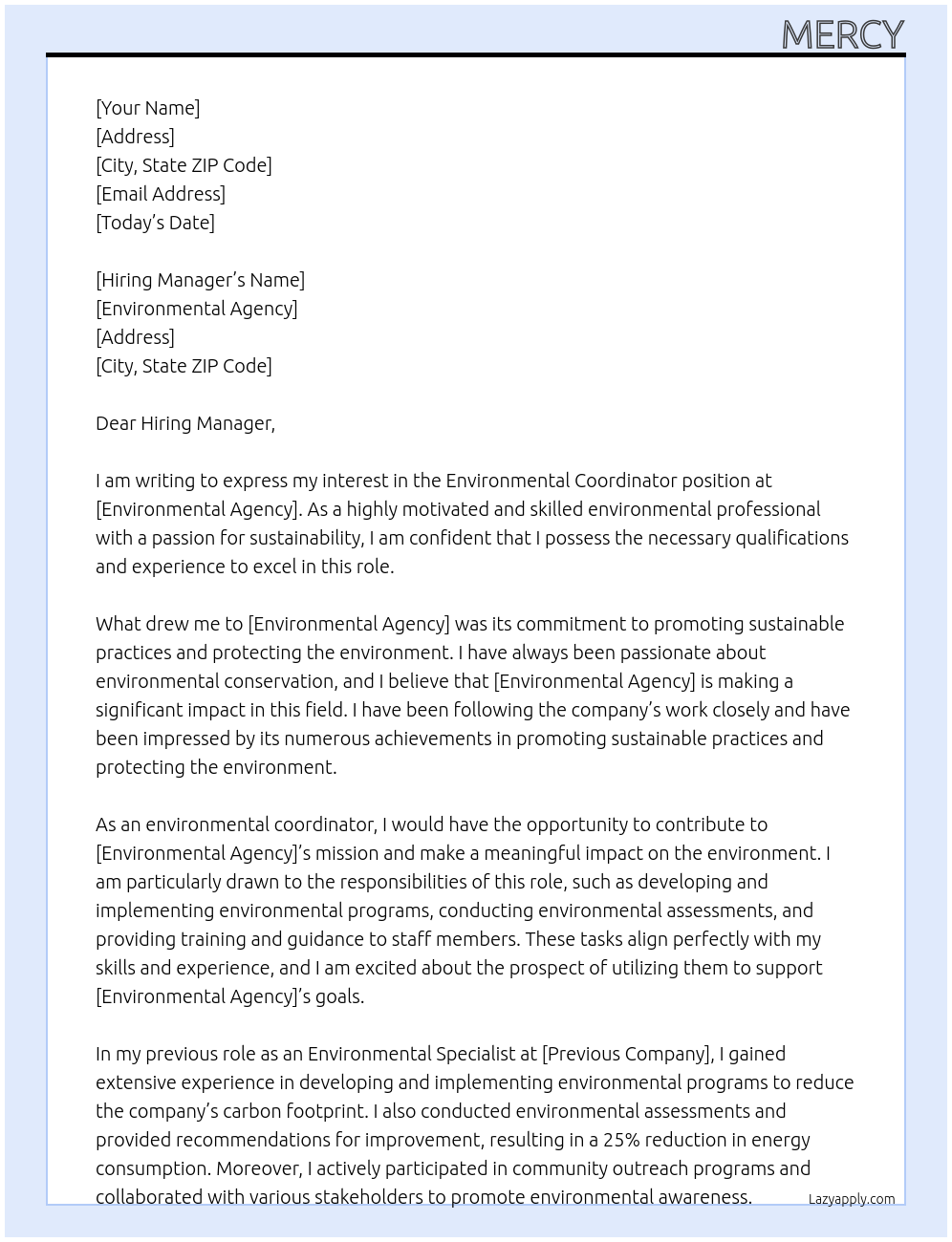 Cover letter for environmental coordinator - LazyApply