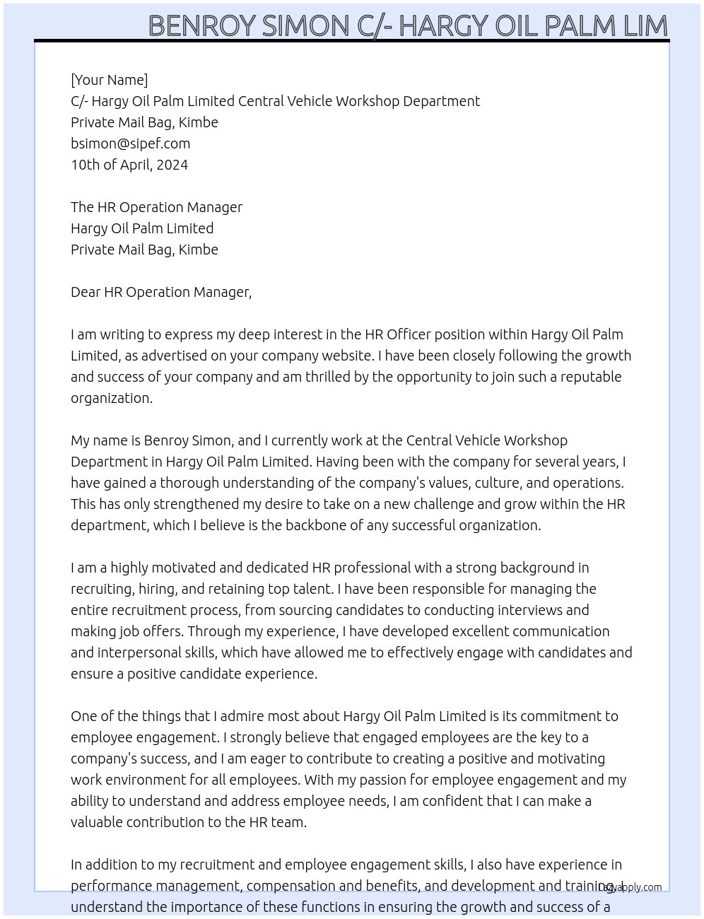 HR Officer At Hargy Oil Palm Limited Private Mail Bag, Kimbe Cover Letter
