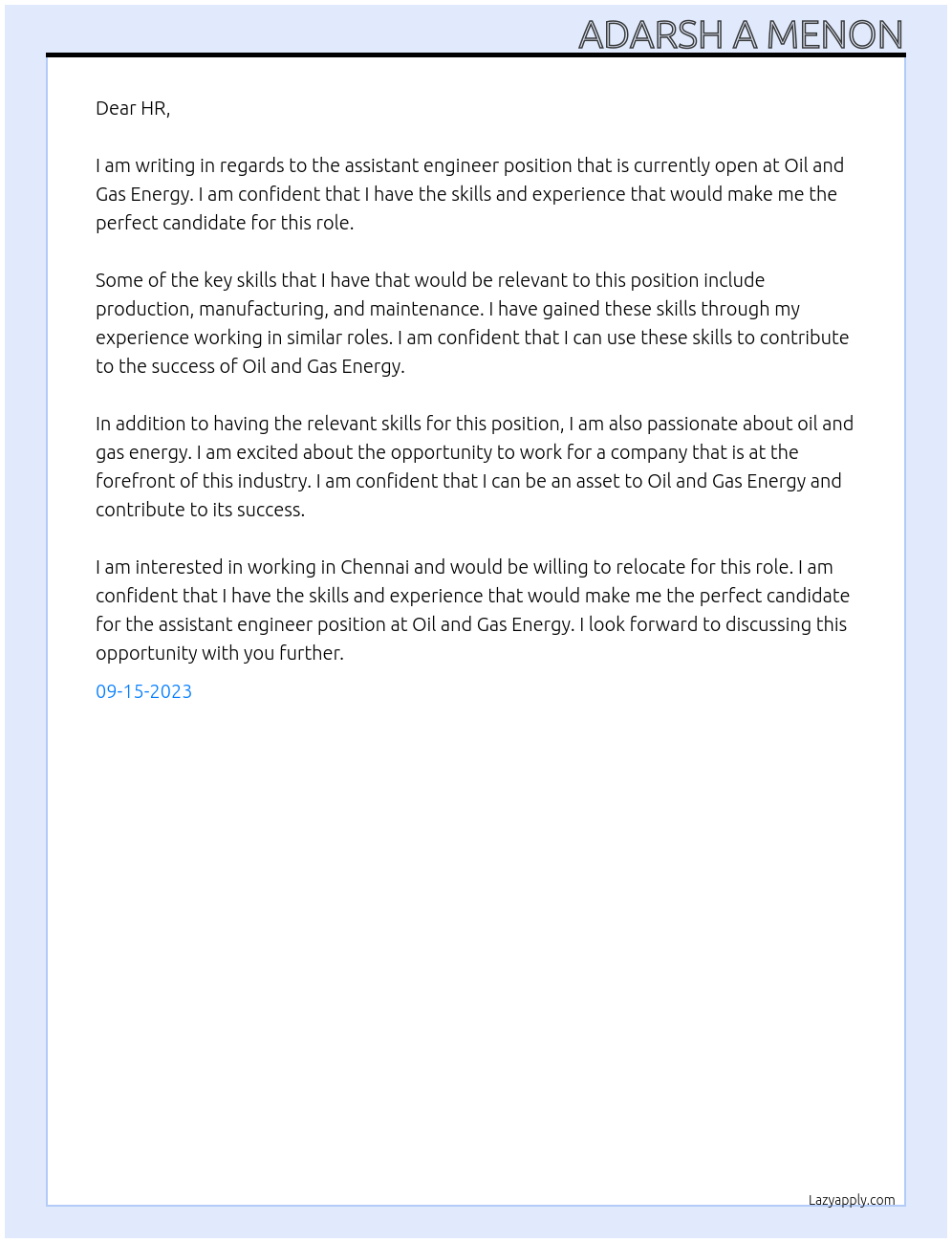 Assistant engineer At Oil and Gas energy Cover Letter