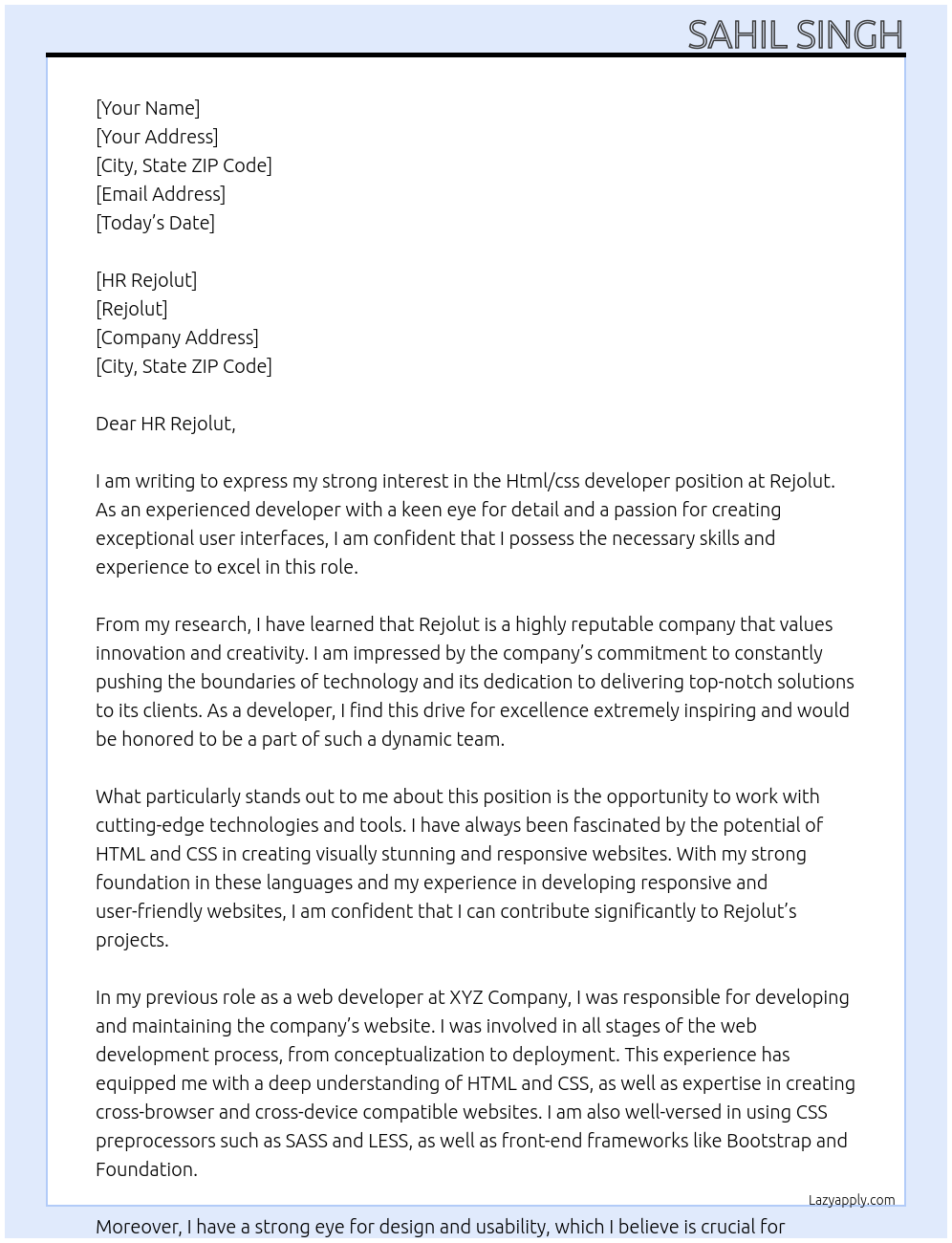 Cover letter for html/css devloper - LazyApply