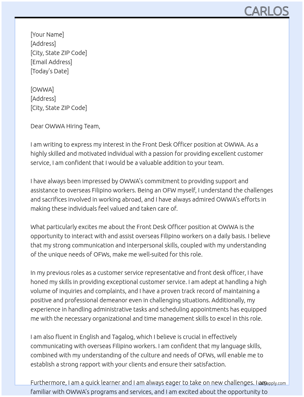 Front Desk Officer At OWWA Cover Letter