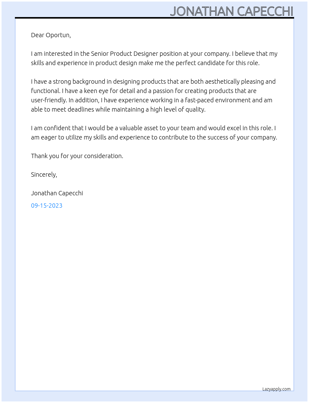 Senior Product Designer At Oportun Cover Letter