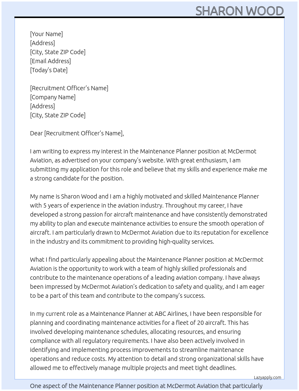 Maintenance Planner At McDermot Aviation Cover Letter