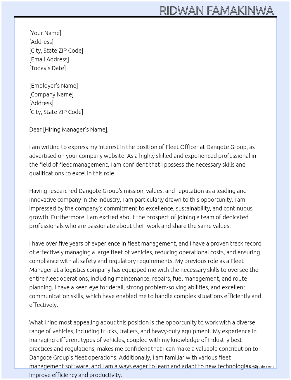 Fleet Officer  At Dangote group  Cover Letter