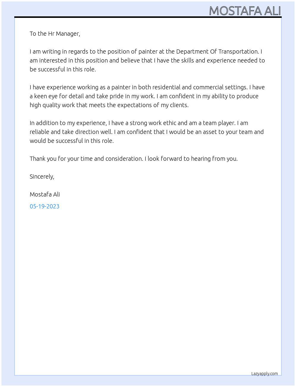 Painter At Department Of Transportation Cover Letter