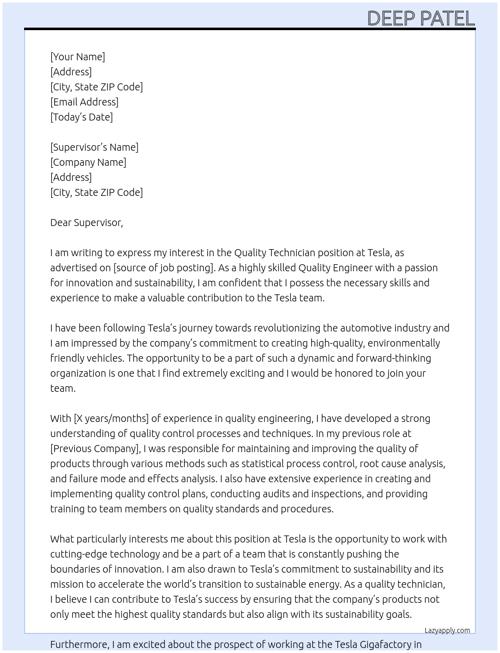 Quality technician At Tesla Cover Letter