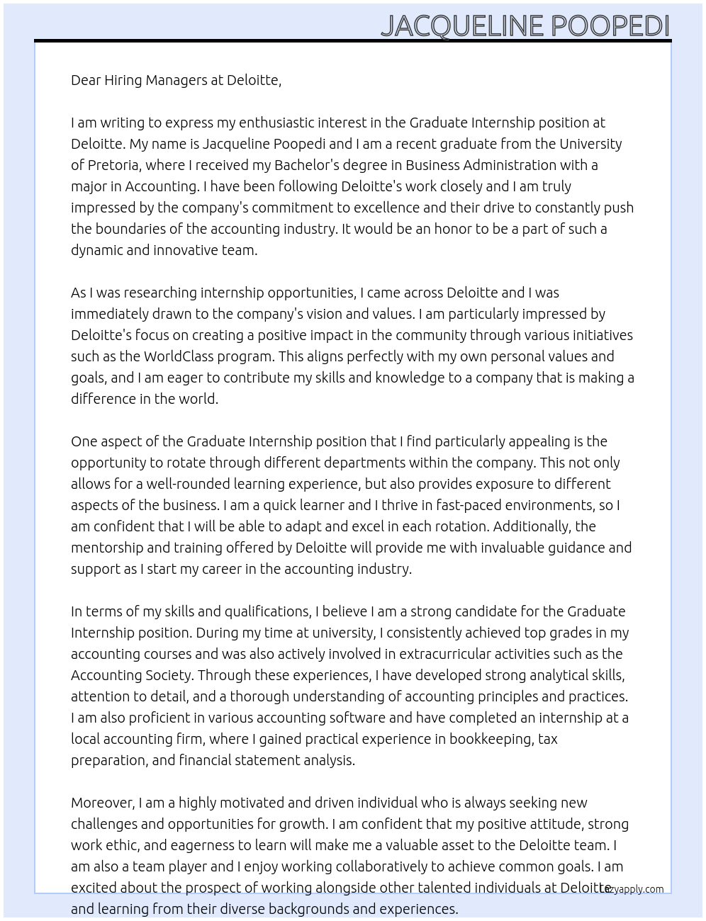 Graduate internship  At Deloitte Cover Letter