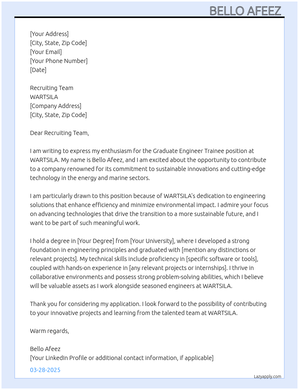 Graduate Engineer trainee At WARTSILA Cover Letter