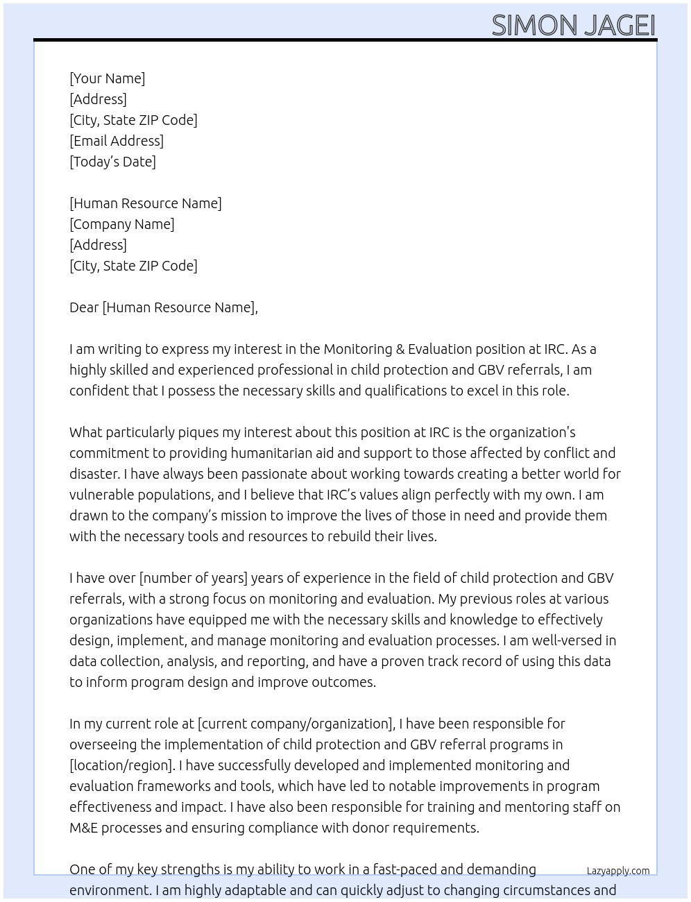 Monitoring & Evaluation At IRC Cover Letter