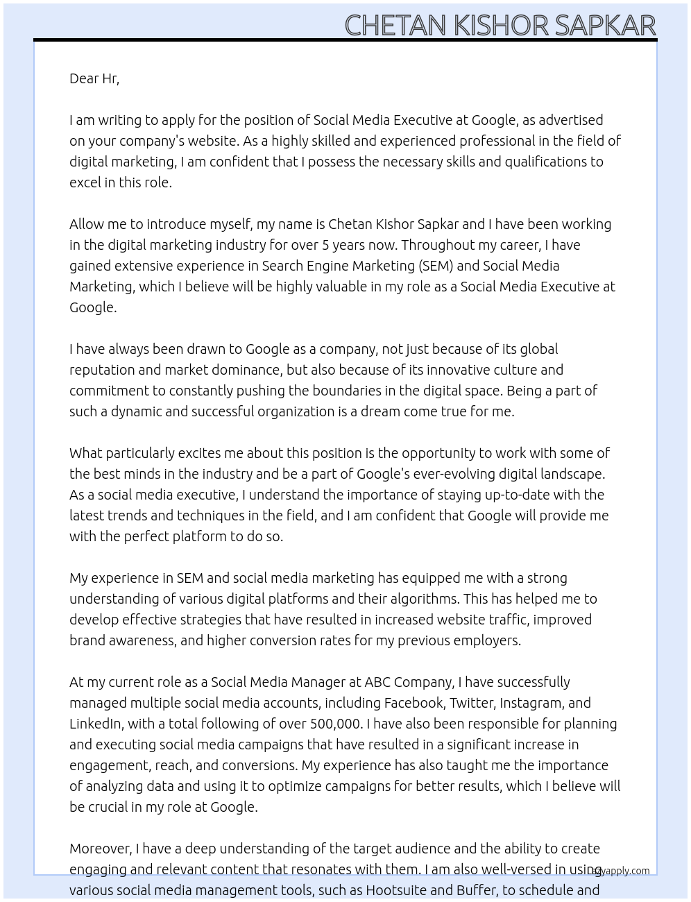 Social media executive At Google Cover Letter