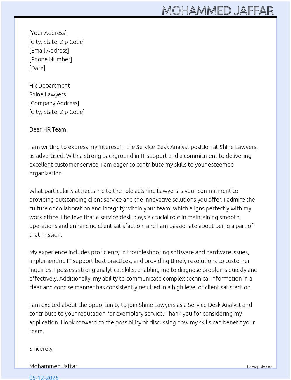 Service desk Analyst At Shine lawyers Cover Letter