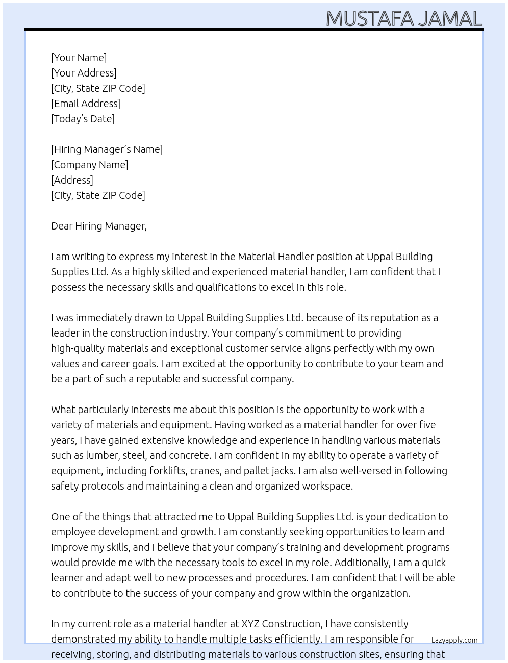 Material handler At Uppal Building Supplies Ltd Cover Letter
