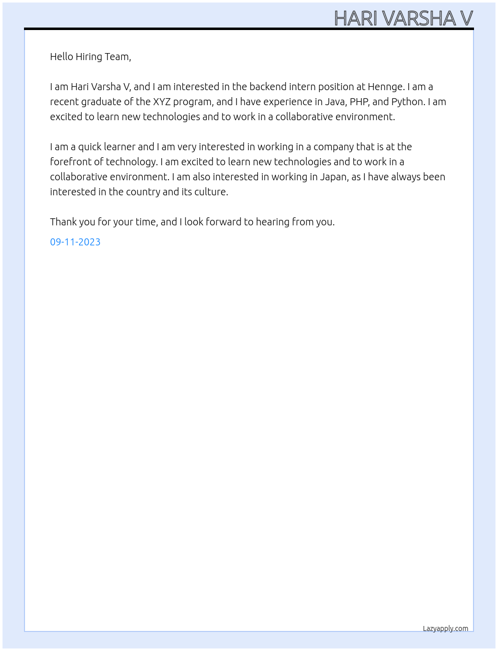 Backend Intern At Hennge Cover Letter