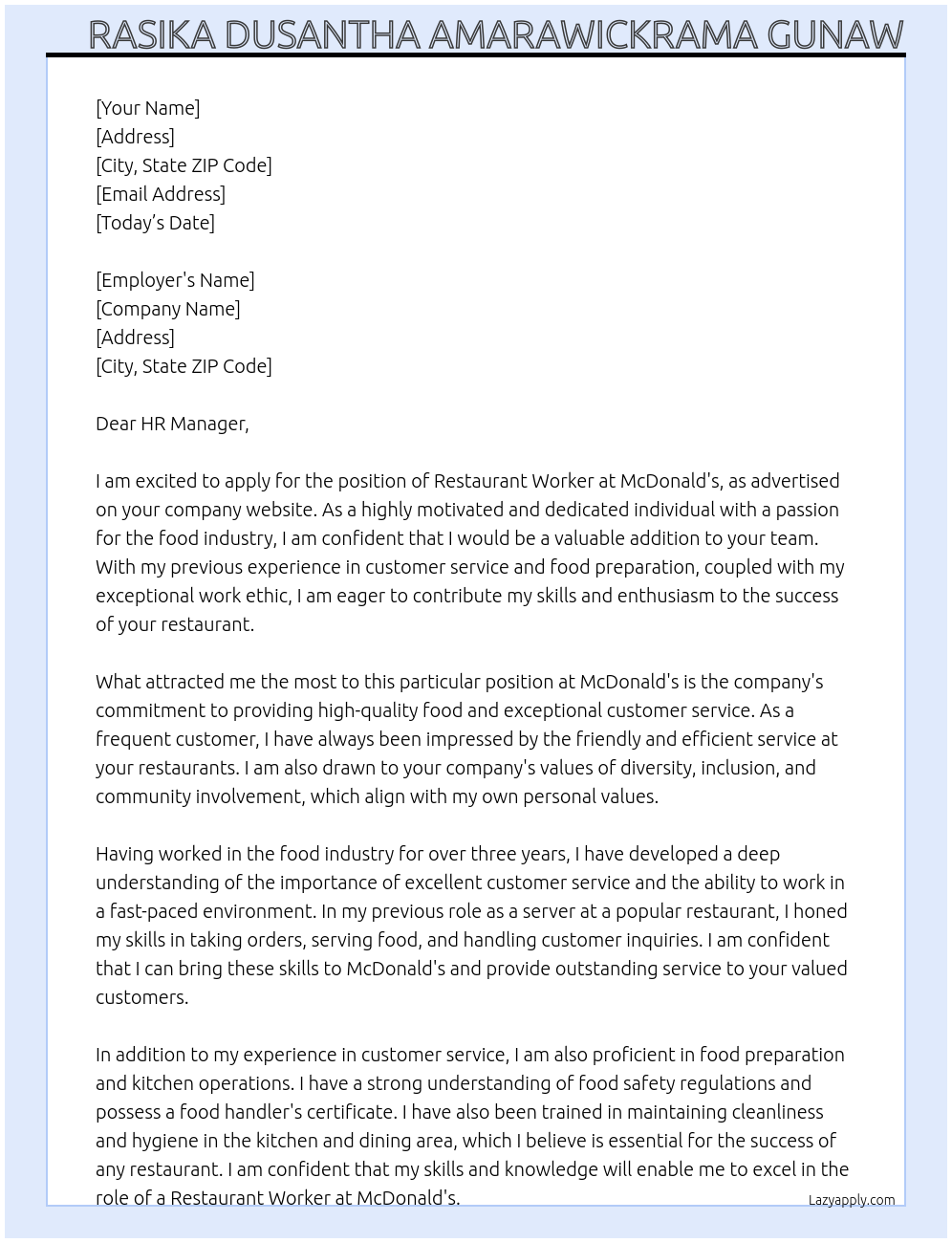 Restaurant Worker At Mc donalds Cover Letter