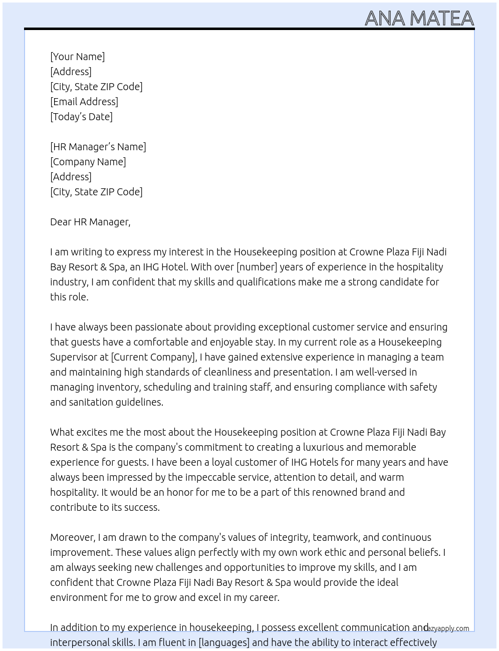 Housekeeping At Crowne Plaza Fiji Nadi Bay Resort & Spa, an IHG Hotel Cover Letter