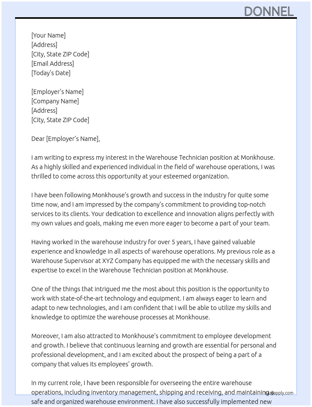 Cover letter for warehouse technician - LazyApply
