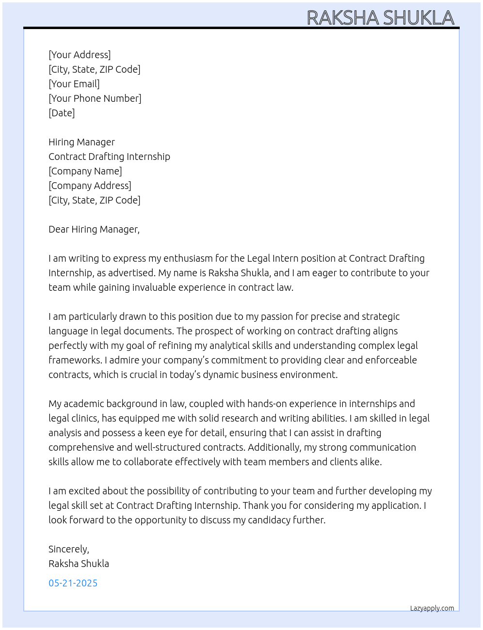 Legal intern At Contract drafting internship Cover Letter