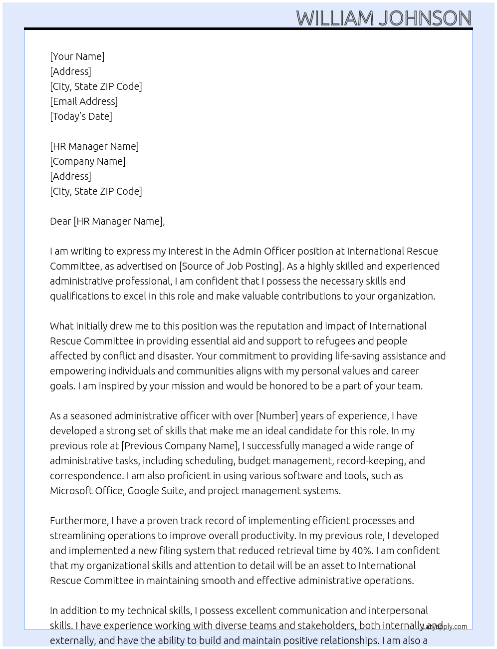 Admin Officer At International Rescue Committee Cover Letter