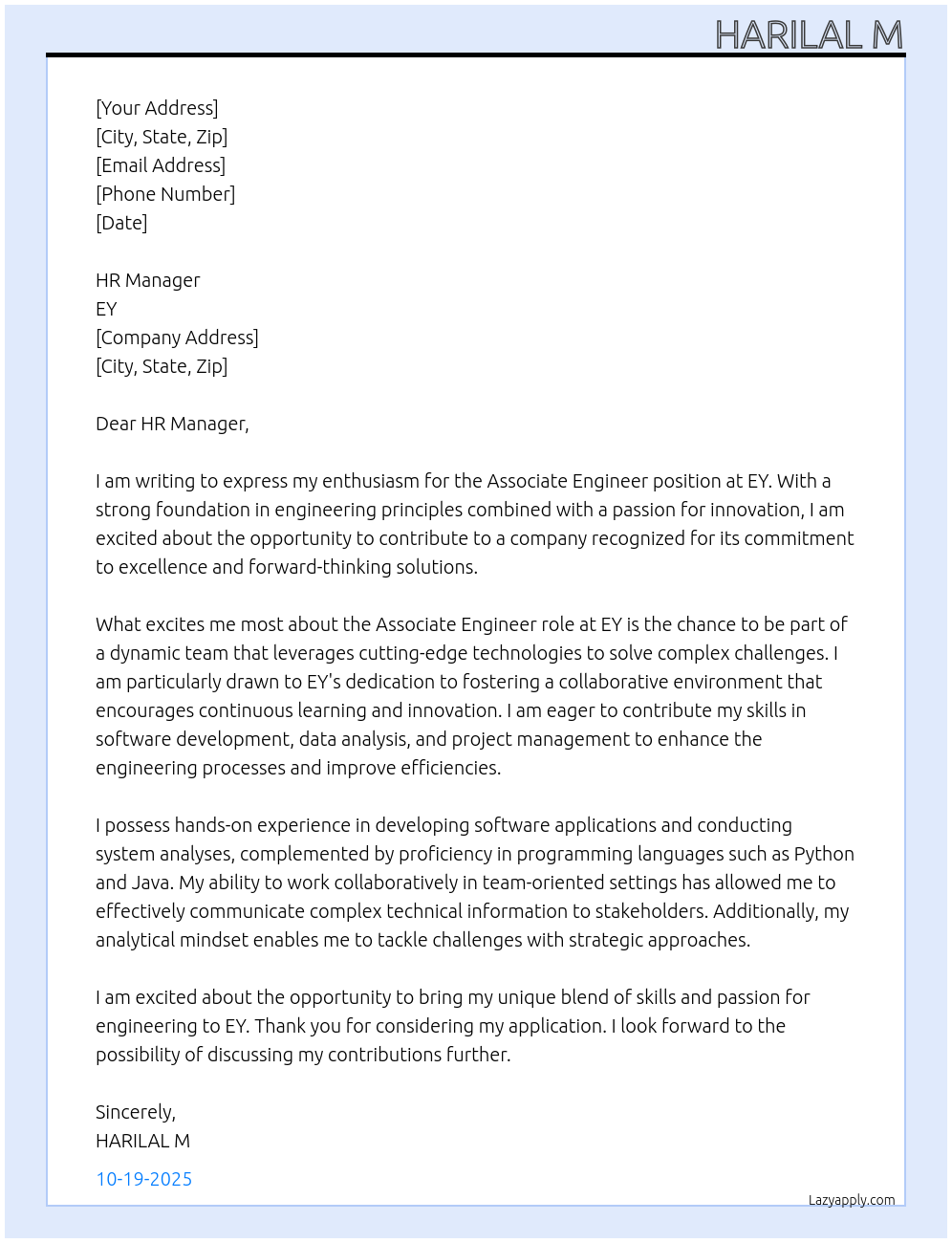 Associate engineer At Ey Cover Letter