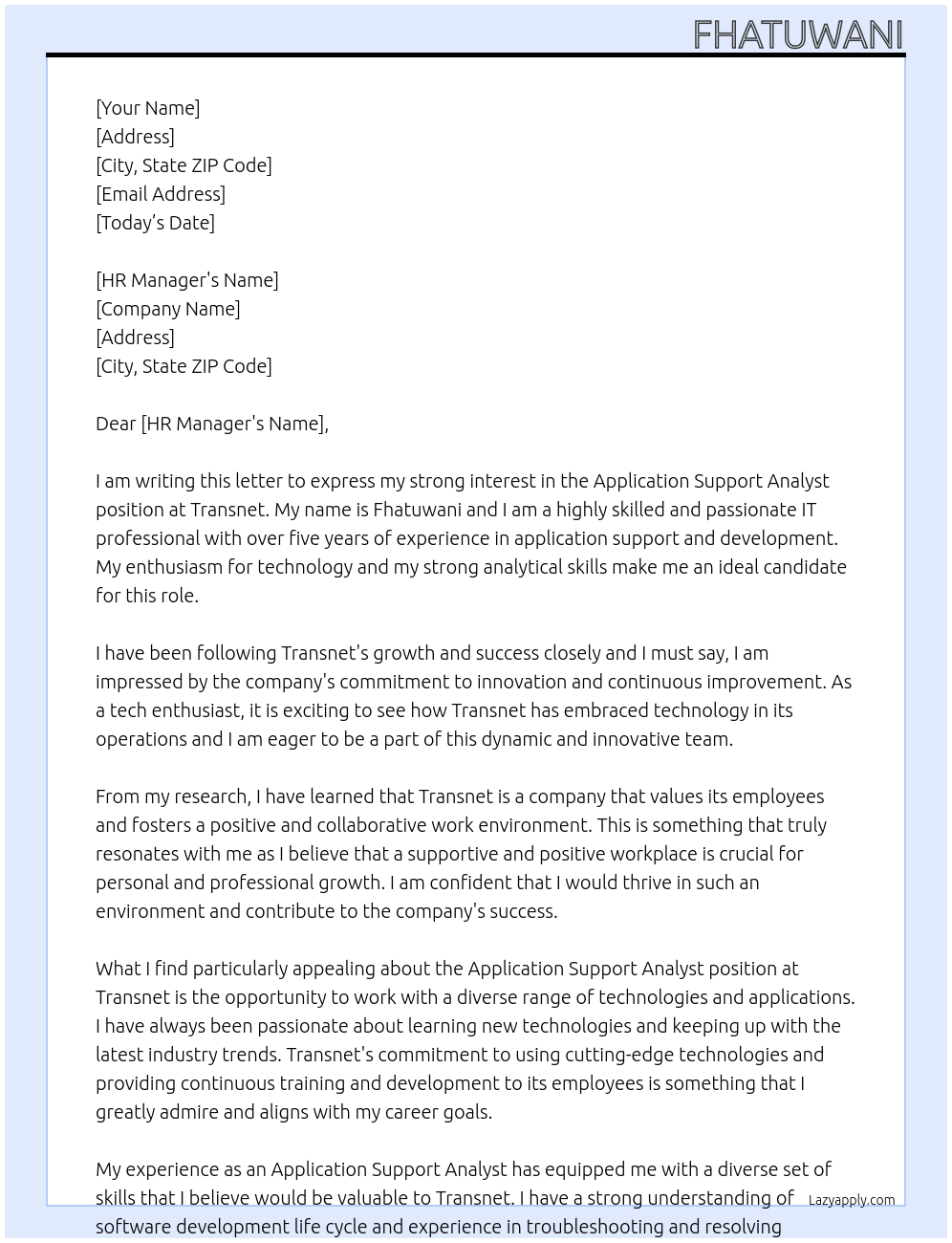 Application Support Analyst At Transnet Cover Letter