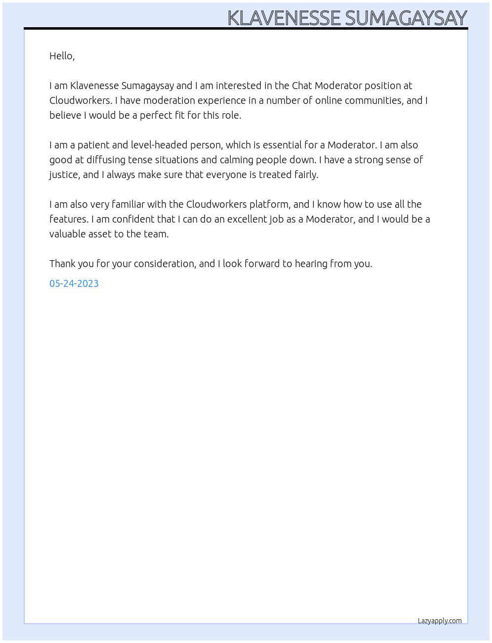 Chat Moderator At Clousworkers Cover Letter