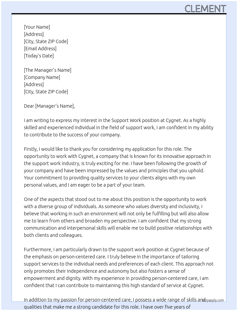 Support work At Cygnet Cover Letter