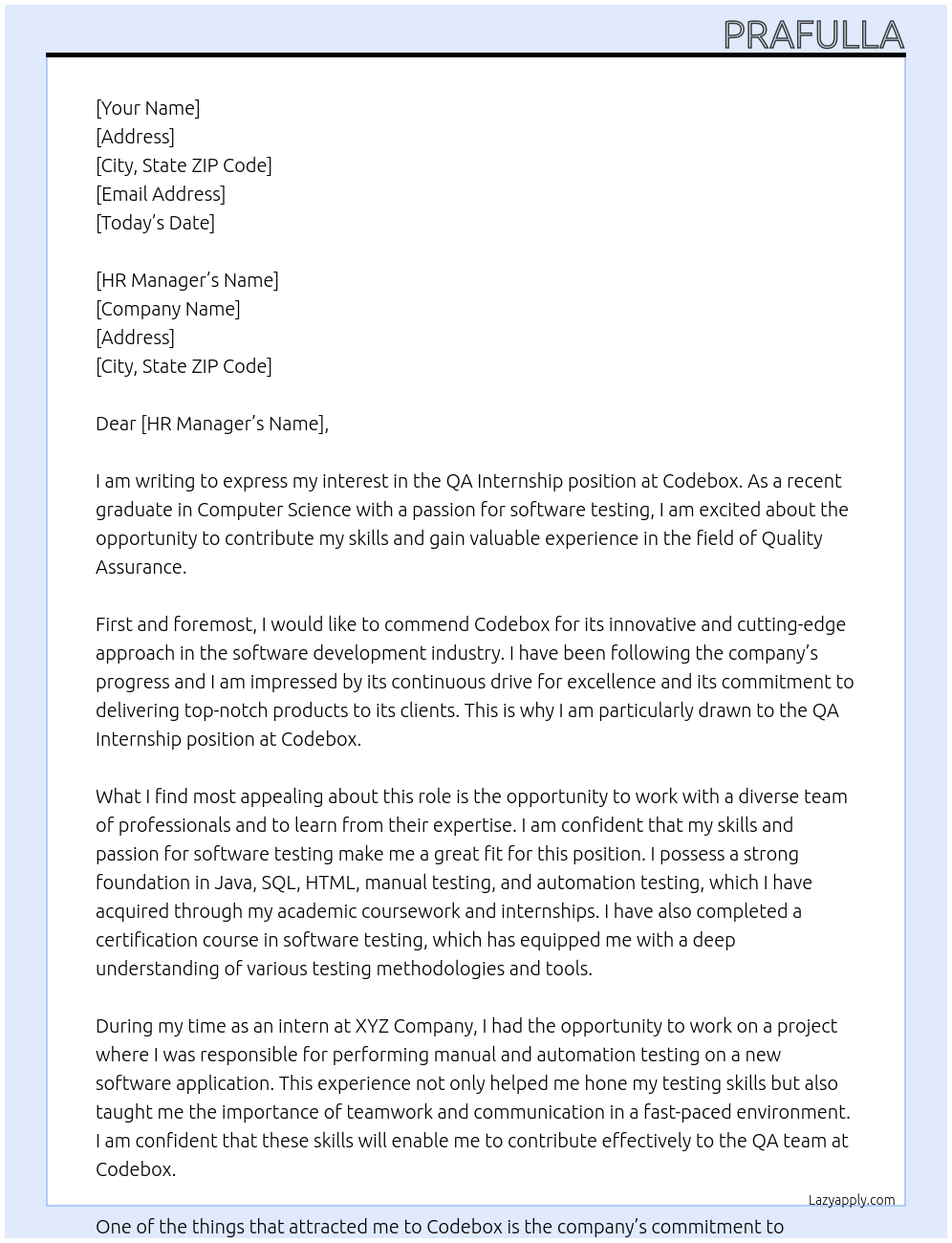 QA internship At Codebox Cover Letter