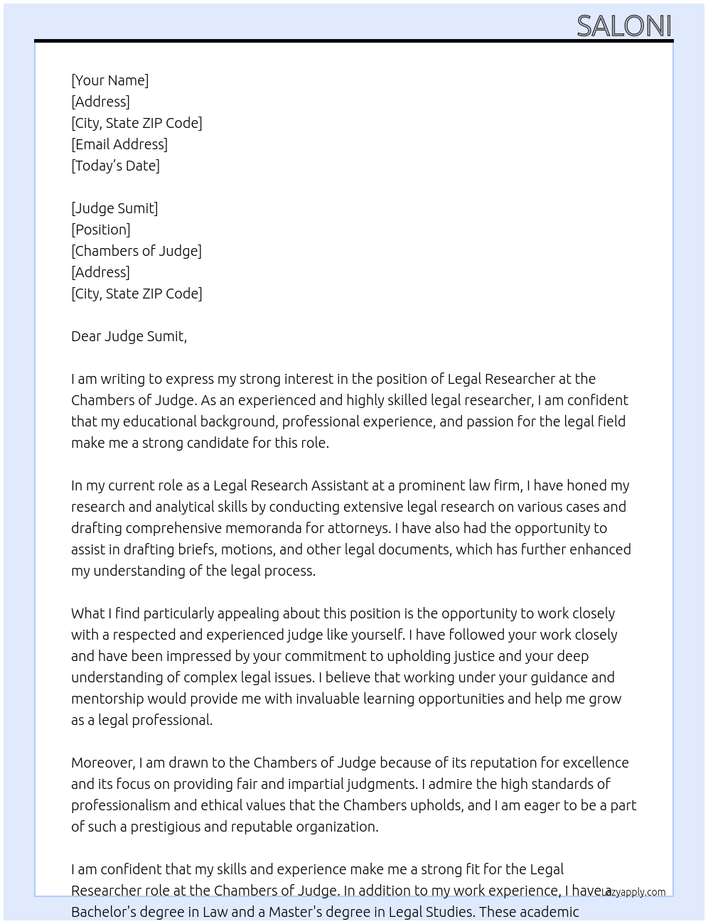 Legal researcher At Chambers of judge Cover Letter