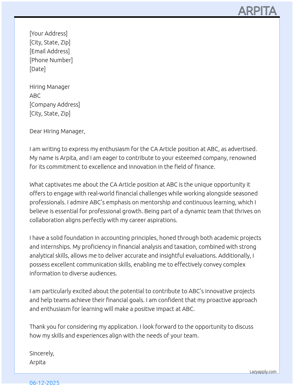 CA ARTICLE At ABC Cover Letter