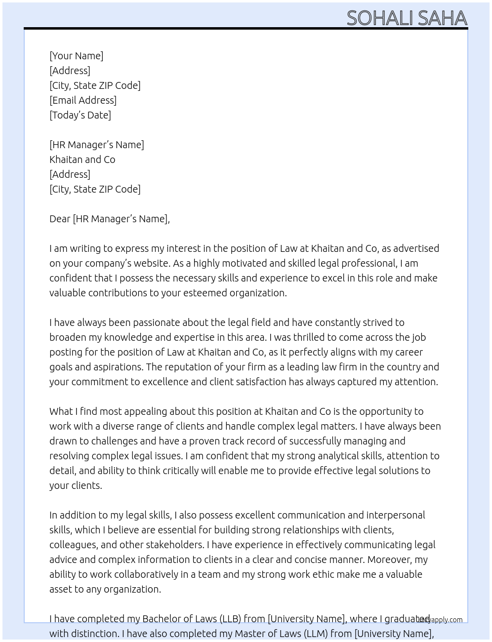 Law At Khaitan and Co Cover Letter