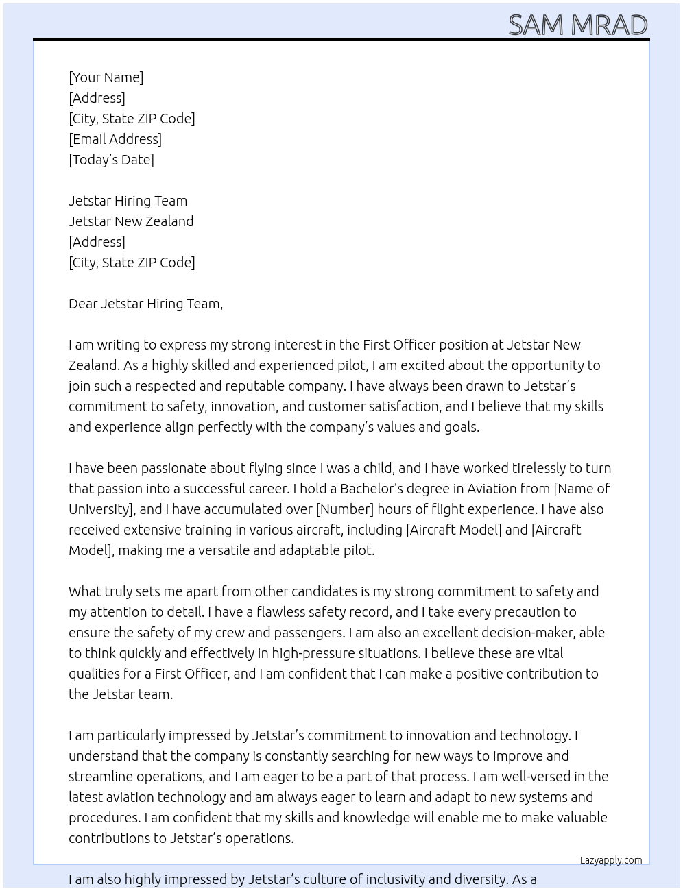 First Officer At Jetstar New Zealand Cover Letter