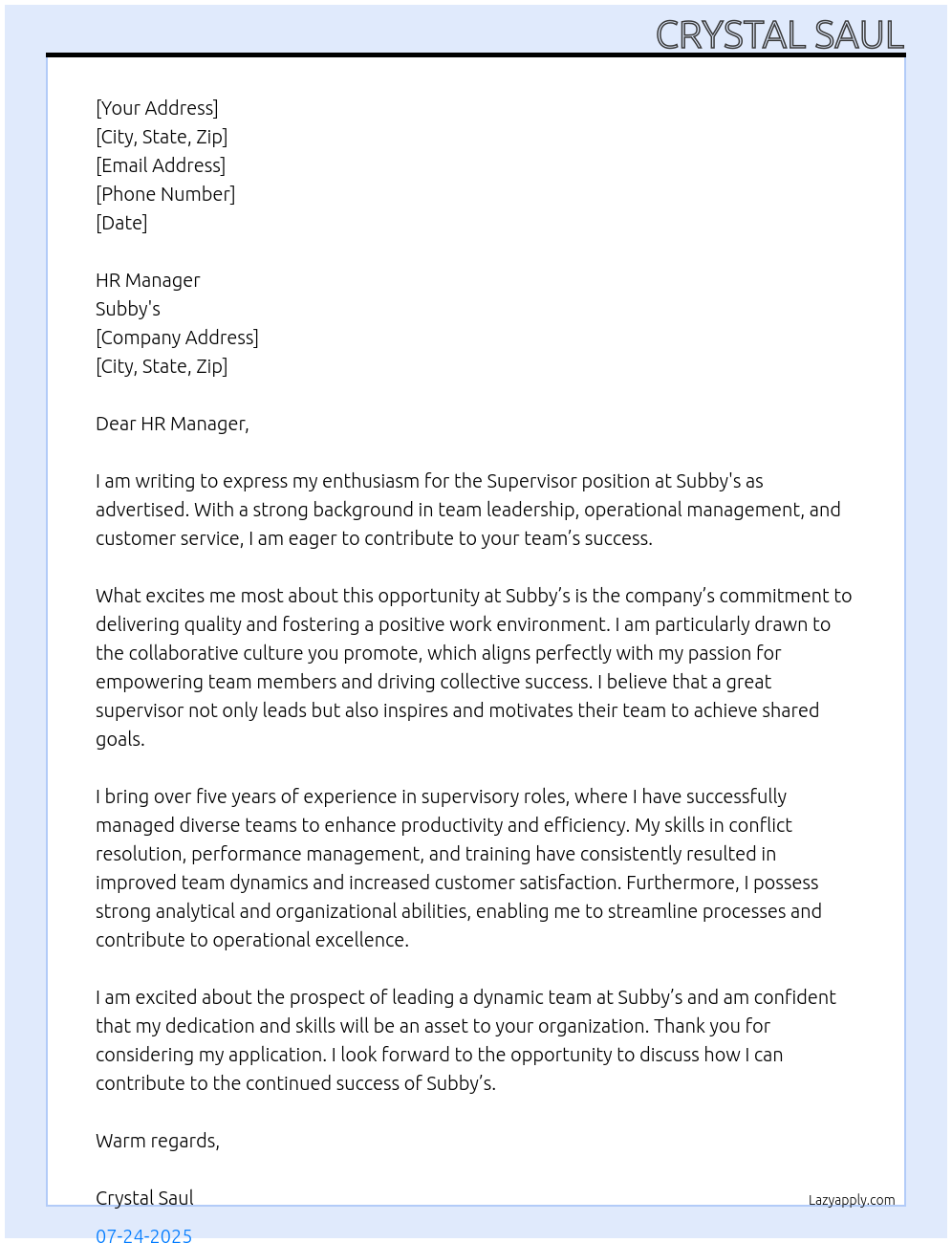 Supervisor At Subby's Cover Letter